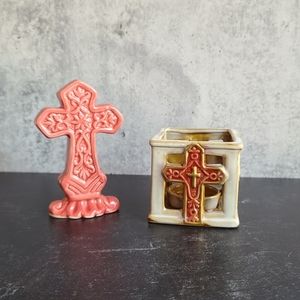 Religious Cross Figurines and Candleholder